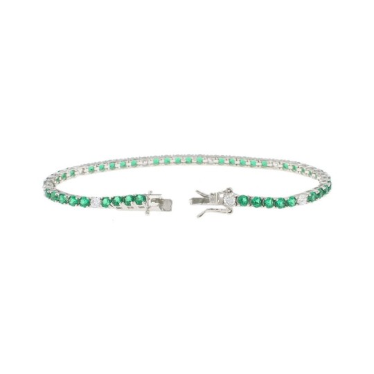 White gold plated tennis bracelet with 5 green and 1 white zircons of 3 mm. in 925 silver