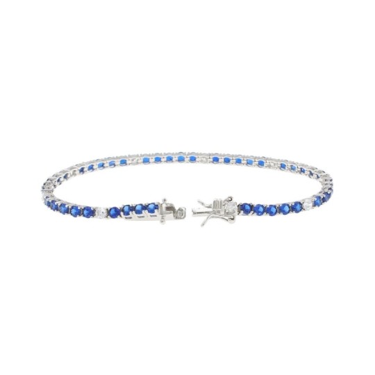 Bracciale tennis placcato oro bianco con 5 zirconi blu e 1 bianco da 3 mm. in argento 925