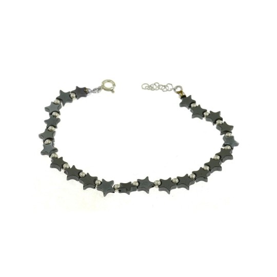 Bracciale con sfere lucide alternate a stelle in ematite placcato oro bianco in argento 925