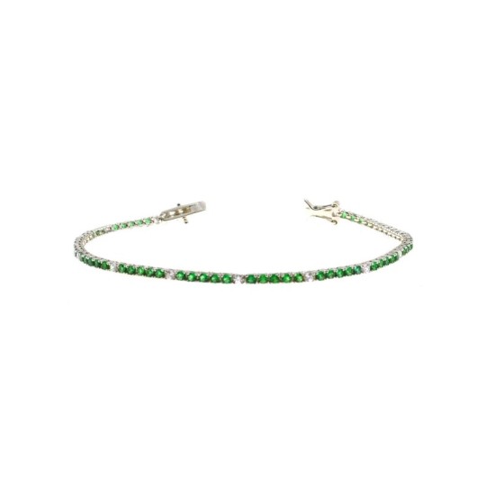 Tennis bracelet with 5 green and 1 white zircons of 2 mm white gold plated in 925 silver