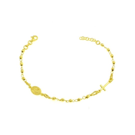 Bracciale del rosario maglia a catena con sfere diamantate, croce laterale e medaglia miracolosa laterale placcato oro giallo in