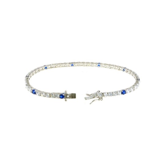 White gold plated tennis bracelet with 5 white and 1 blue 3 mm zircons in 925 silver