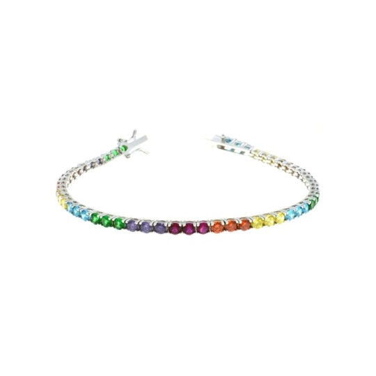 White gold plated tennis bracelet with 3 mm rainbow zircons in 925 silver