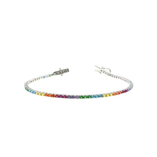 White gold plated tennis bracelet with 2 mm rainbow zircons in 925 silver