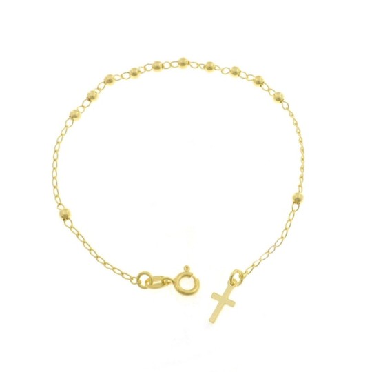 3mm smooth ball rosary bracelet with yellow gold plated cross at the end in 925 silver