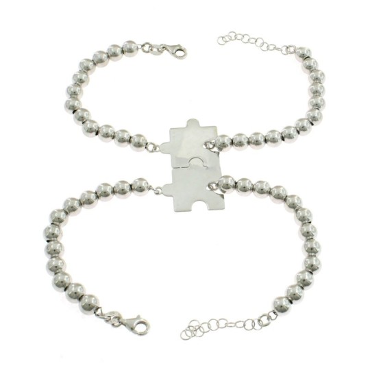 Ball bracelets with central divisible puzzle tiles in white gold plated 925 silver