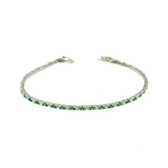 Bracciale tennis con zirconi alternati bianchi e verdi da mm2 con chiusura a scattino con ottini placcato oro bianco in argento