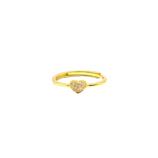 Adjustable ring with central pavé heart of white zircons, yellow gold plated in 925 silver