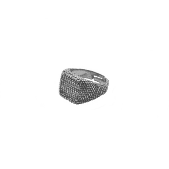 Adjustable pinky ring with square dotted shield white gold plated in 925 silver