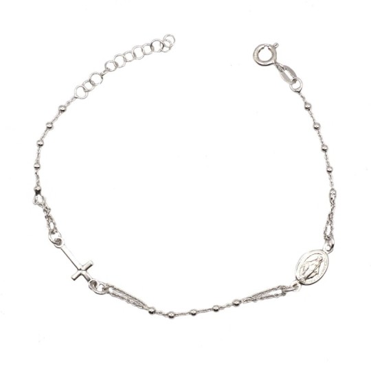 Smooth ball rosary bracelet with cross and madonna plated in white gold in 925 silver