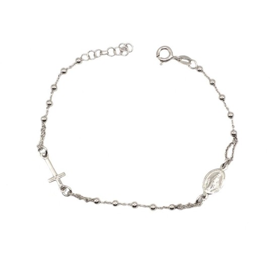 Bracciale rosario a sfera liscia 2.5 mm con croce e madonna placcato oro bianco in argento 925