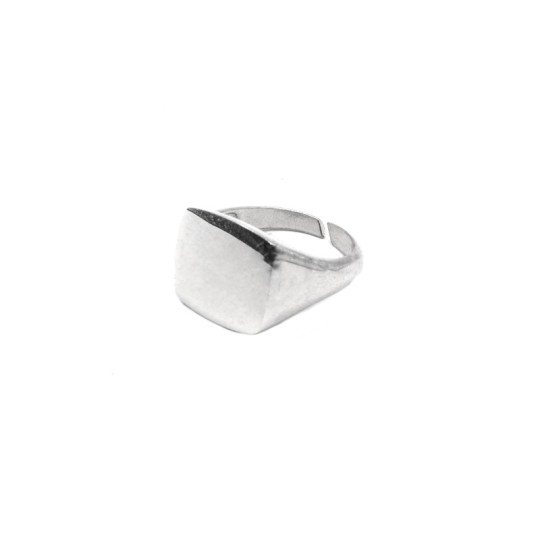 Adjustable white gold plated rectangular shield ring in 925 silver