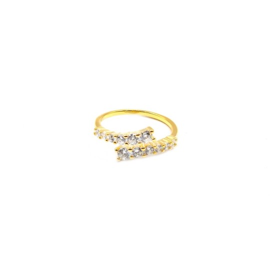 Adjustable contrarié ring with white degradé zircons, yellow gold plated in 925 silver