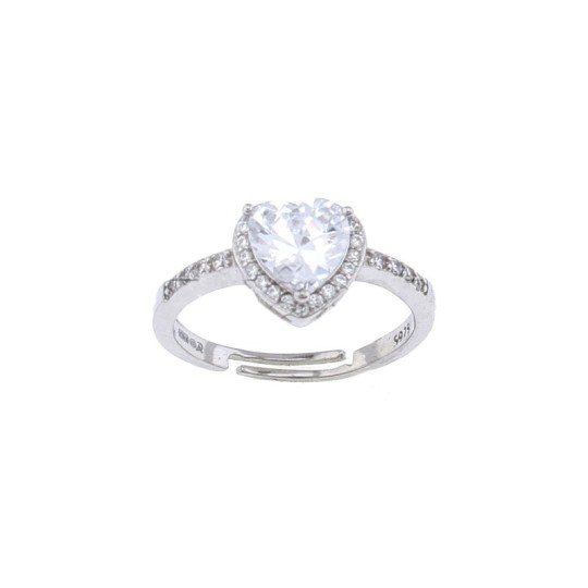 Adjustable ring with central white zircon heart in white zircon frame and white gold-plated half-zircon stem in 925 silver