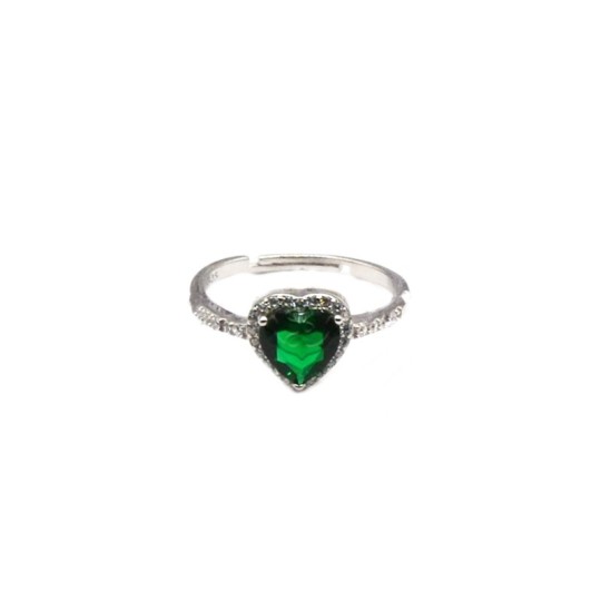 Anello regolabile con gambo semizirconato bianco e cuore centrale di zircone verde in cornice di zirconi bianchi placcato oro bi