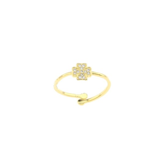 Adjustable ring with yellow gold plated zircon four-leaf clover in 925 silver