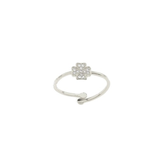 Adjustable ring with white gold plated zircon four leaf clover in 925 silver