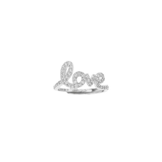 White gold plated white zircon love written adjustable ring in 925 silver