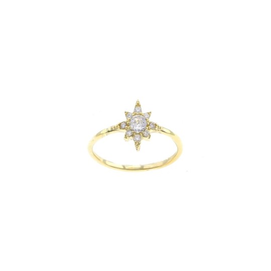 Wire ring with central white zircon zirconia wind rose in 925 silver yellow gold (Size 12)