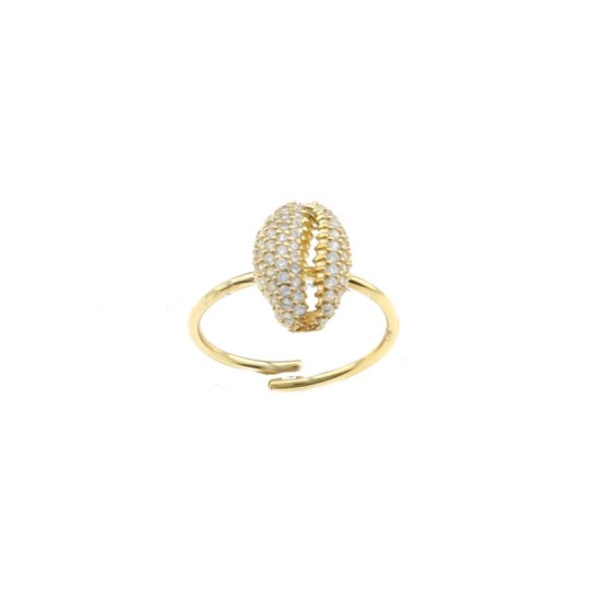 Adjustable wire ring with yellow gold plated white zircon shell in 925 silver