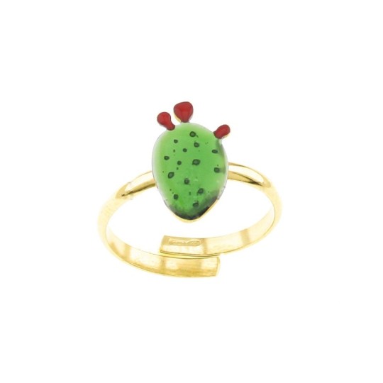 Adjustable ring with central prickly pear green and red enamelled yellow gold plated in 925 silver