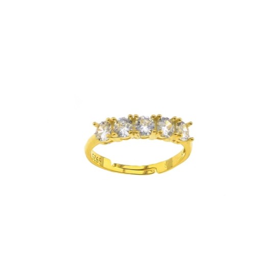 Adjustable ring with 5 white zircons of 3 mm yellow gold plated in 925 silver