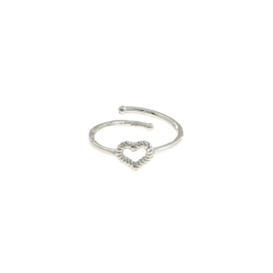 Adjustable wire ring with central striped heart shape in 925 silver plated white gold