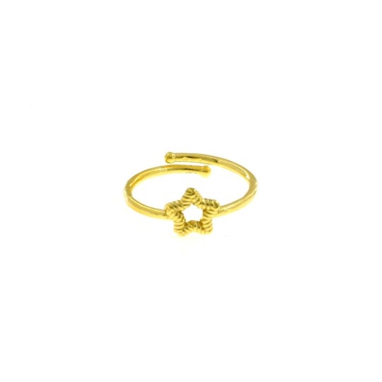 Adjustable wire ring with central striped star shape in 925 silver plated yellow gold