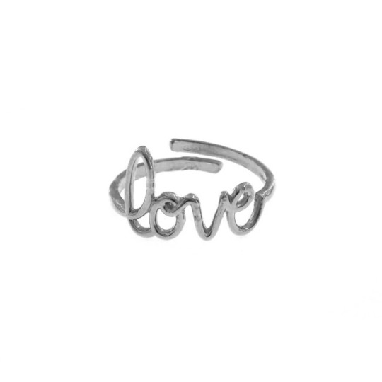 Adjustable white gold plated ring with "love" written in 925 silver wire