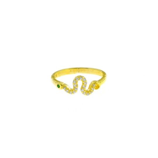 Anello con serpente centrale zirconato bianco con occhio verde placcato oro giallo in argento 925 (Misura 10)