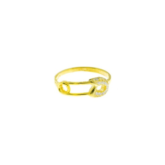 Ring with central safety pin half-circle white yellow gold plated in 925 silver (Size 12)