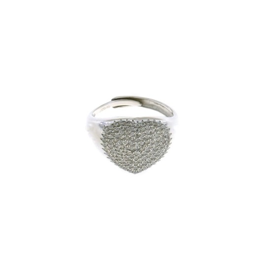 Adjustable heart shield ring in white gold plated white cubic zirconia pave in 925 silver