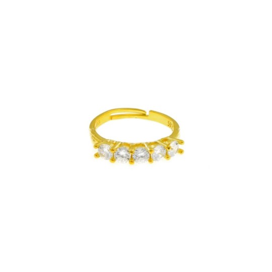 Adjustable ring with 5 white zircons 3.5 mm yellow gold plated in 925 silver