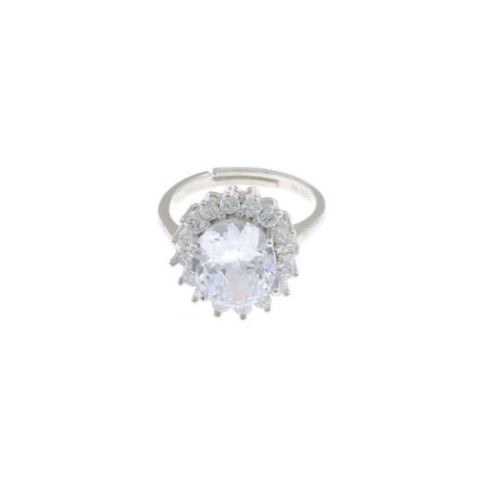 Adjustable ring with white oval stone in white gold-plated white zircon frame in 925 silver