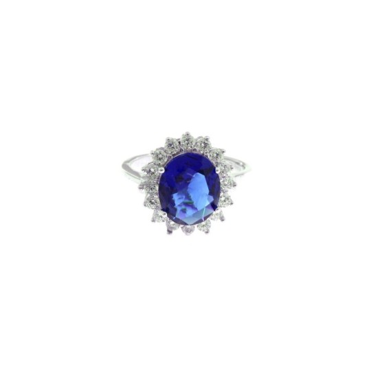 Anello regolabile con pietra ovale blu in cornice di zirconi bianchi a griffe placcato oro bianco in argento 925