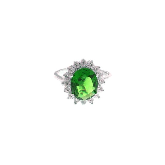 Anello regolabile con pietra ovale verde in cornice di zirconi bianchi a griffe placcato oro bianco in argento 925