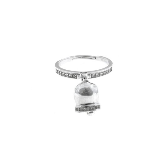 Adjustable white semi-zircon ring with pendant bell with white zircon edge white gold plated in 925 silver