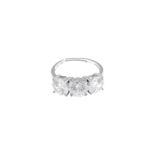 Adjustable trilogy ring with 7 mm white zircons white gold plated in 925 silver