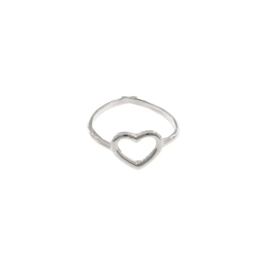 Adjustable ring with wire heart 11x9 mm white gold plated in 925 silver