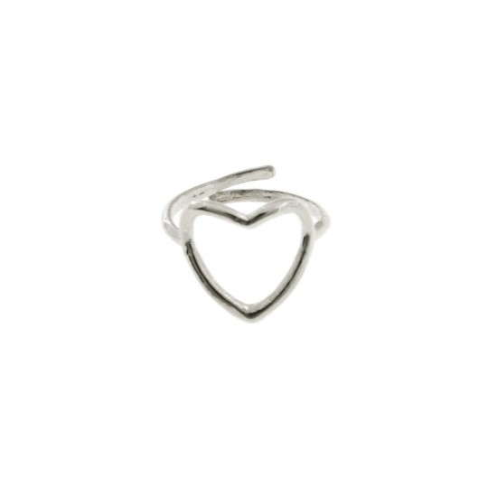 Adjustable white gold plated ring with 14x14 mm wire curved heart in 925 silver