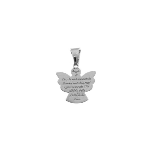 Angel plate pendant with prayer "Angel of God" engraved 16x17 mm white gold plated in 925 silver