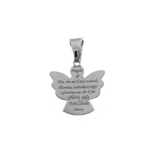 Angel plate pendant with prayer "Angel of God" engraved 25x24 mm white gold plated in 925 silver