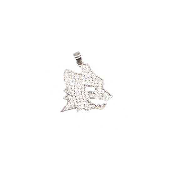 Wolf head pendant with white cubic zirconia pave, white gold plated in 925 silver