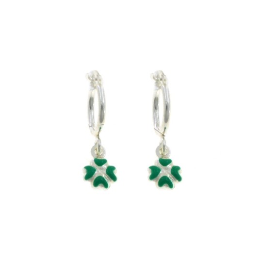 Tubular hoop earrings with bridge clasp and green enamel paired four-leaf clover pendant in 925 silver