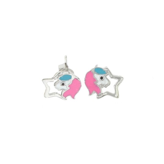 White gold plated star shape stud earrings with multicolor enameled unicorn in 925 silver