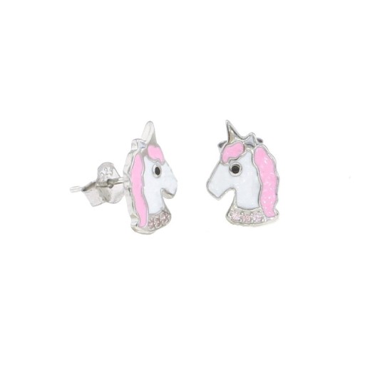 Orecchini a lobo unicorno smaltato bianco e rosa con collo zirconato rosa placcati oro bianco in argento 925