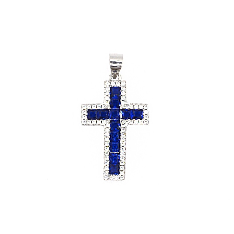 Cross pendant with square cut blue...