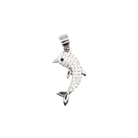 White Gold Plated Semi Cubic Zirconia White Dolphin Pendant in 925 Silver