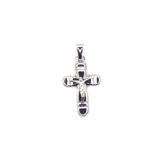 Striped cross pendant with rounded tips and white gold plated investment cast Christ in 925 silver