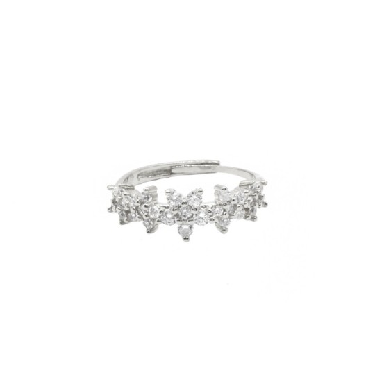 Adjustable ring with white zirconia flowers plated in white gold in 925 silver